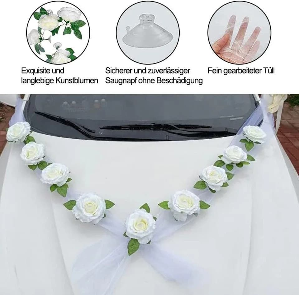 Minicloss Kunstblumenstrauß Autoschmuck Hochzeit Motorhaube Weiß - Bild 3