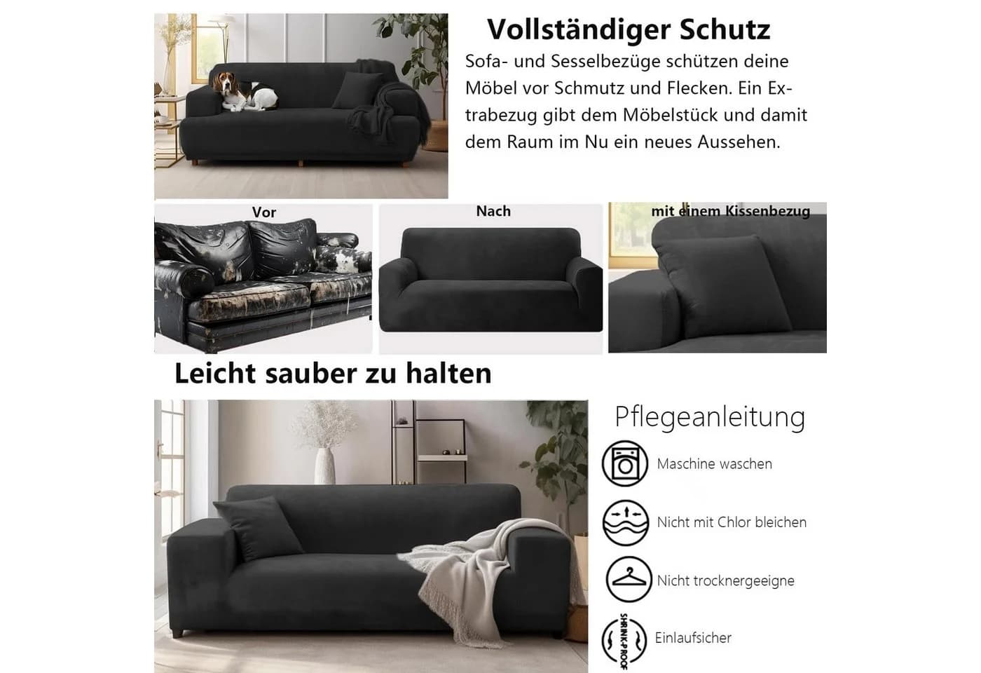 Minicloss Stretch-Sofabezug Plüsch grau mit Armlehne
