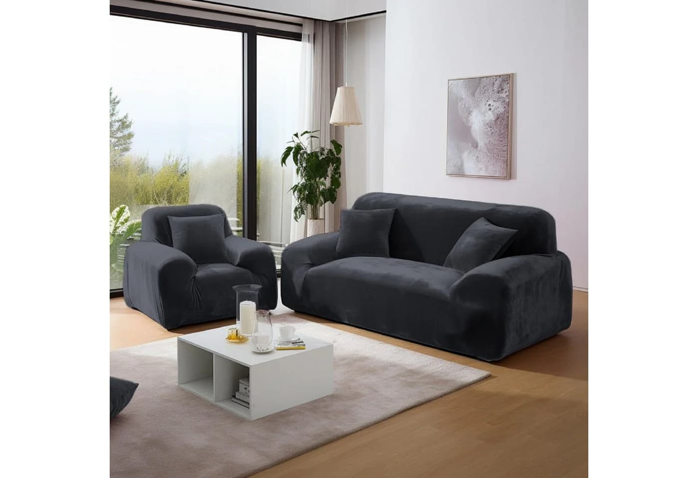 Minicloss Stretch-Sofabezug Plüsch grau mit Armlehne - Bild 4