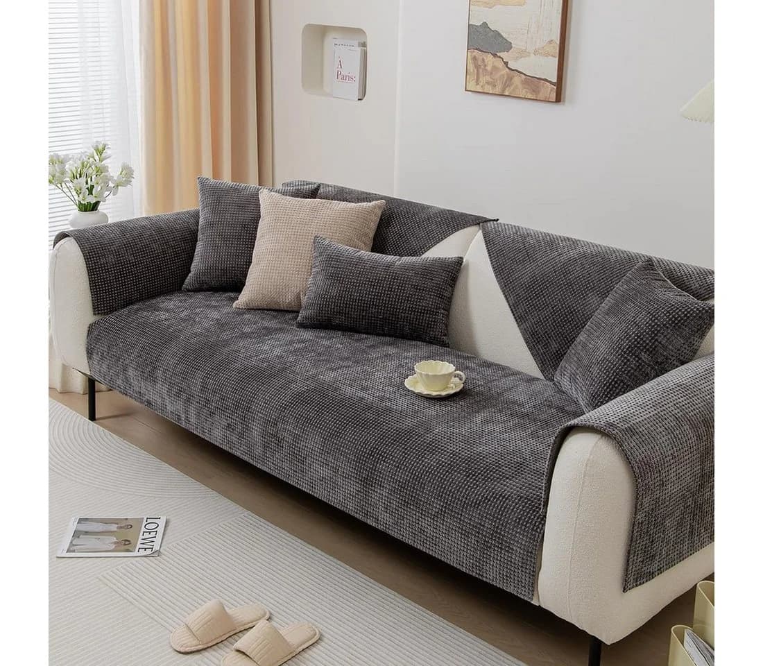 Minicloss Sofaschoner Karo-Chenille-Sofabezug 70x150cm, superweich, rutschfest - Bild 3