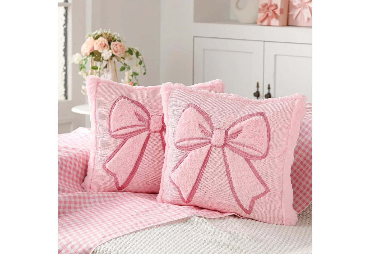 CLTYQ Kissenbezug-Set, rosa Schleife, 45,7 x 45,7 cm, 2 Stück, bestickt, Kunstfell