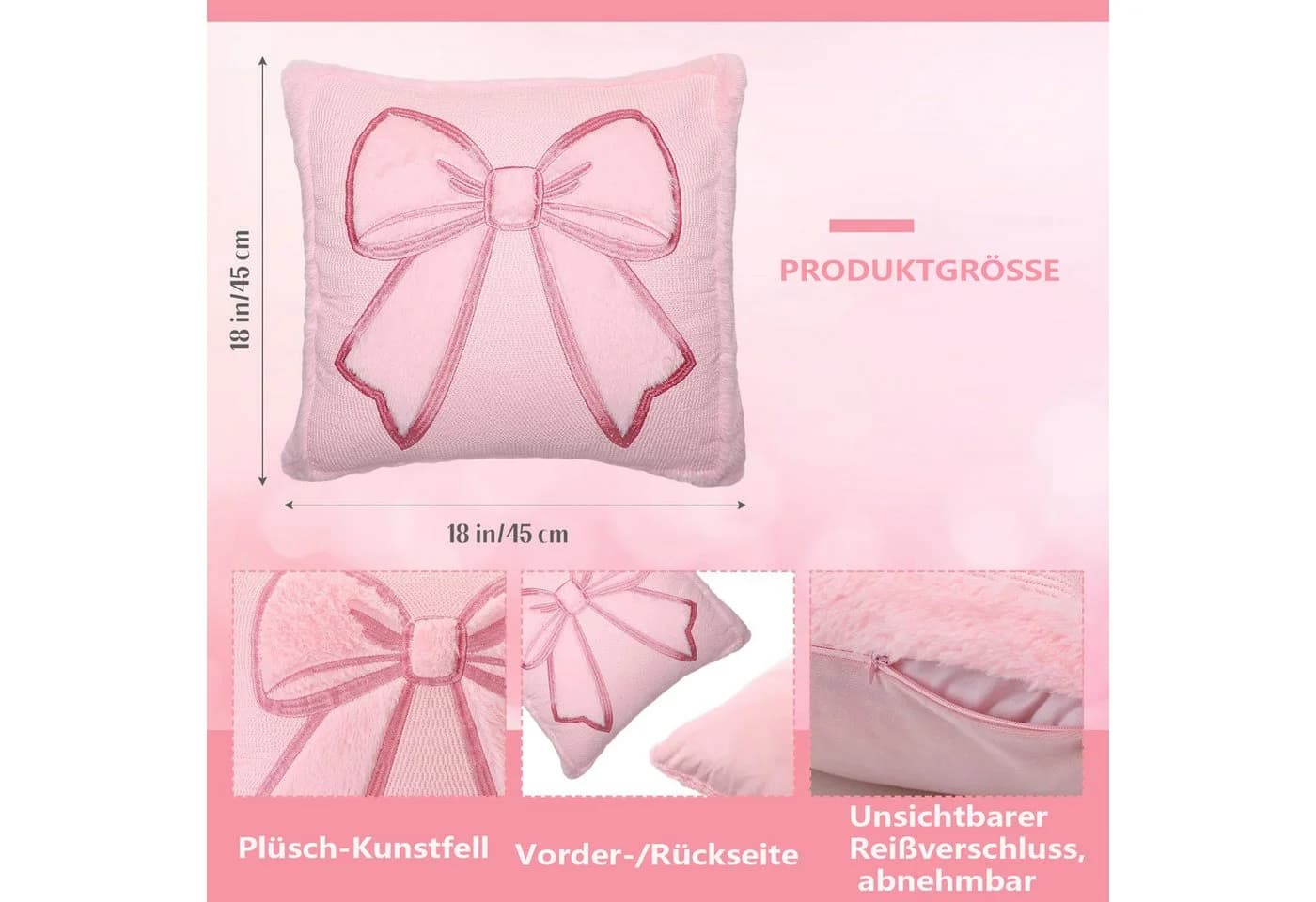 CLTYQ Kissenbezug-Set, rosa Schleife, 45,7 x 45,7 cm, 2 Stück, bestickt, Kunstfell - Bild 3