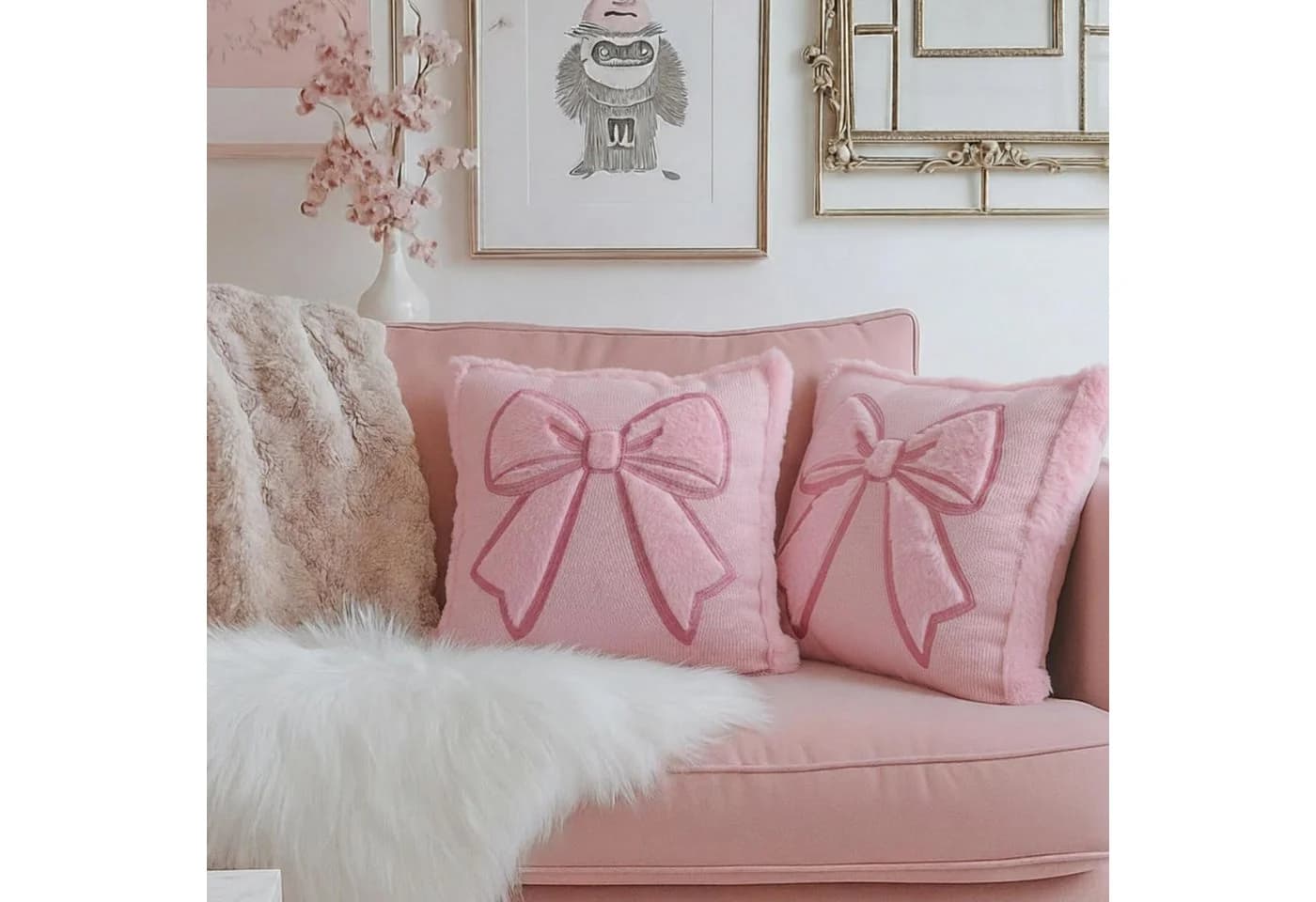 CLTYQ Kissenbezug-Set, rosa Schleife, 45,7 x 45,7 cm, 2 Stück, bestickt, Kunstfell - Bild 5