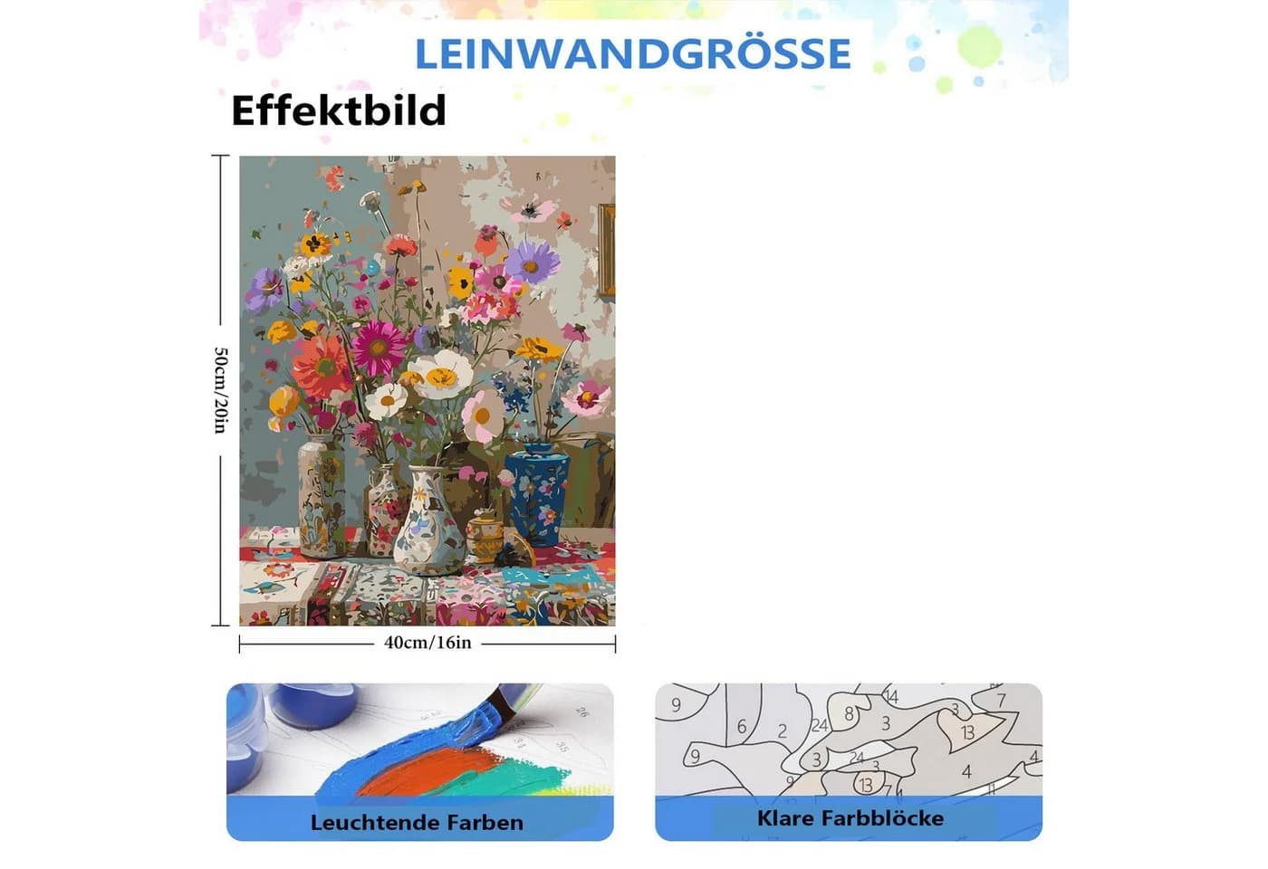 CLTYQ Malen nach Zahlen Set Blumenmuster Leinwand 40x50 cm - Bild 3