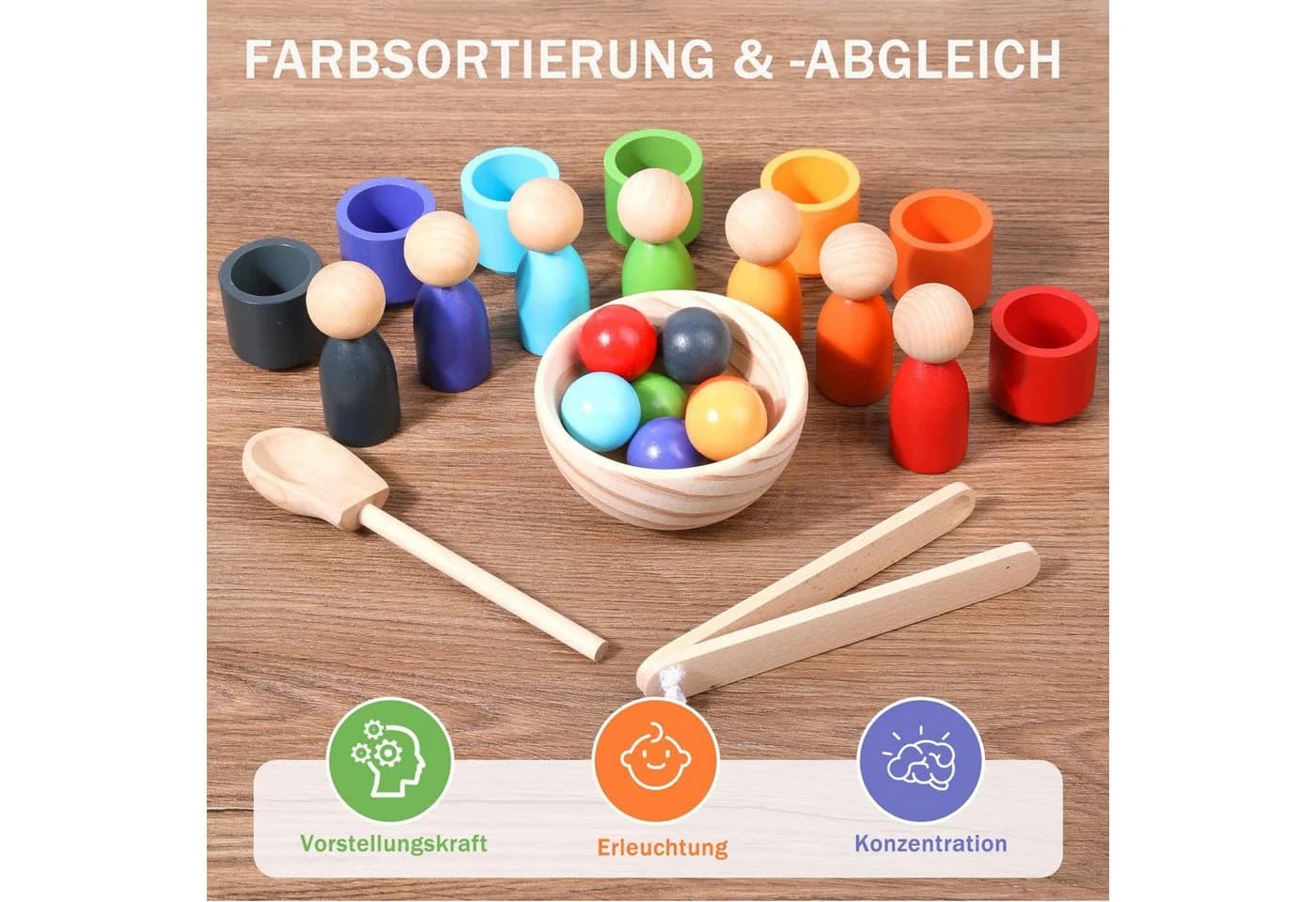 Zaewry Montessori Lernspielzeug Kugeln im Becher Holz Bunt