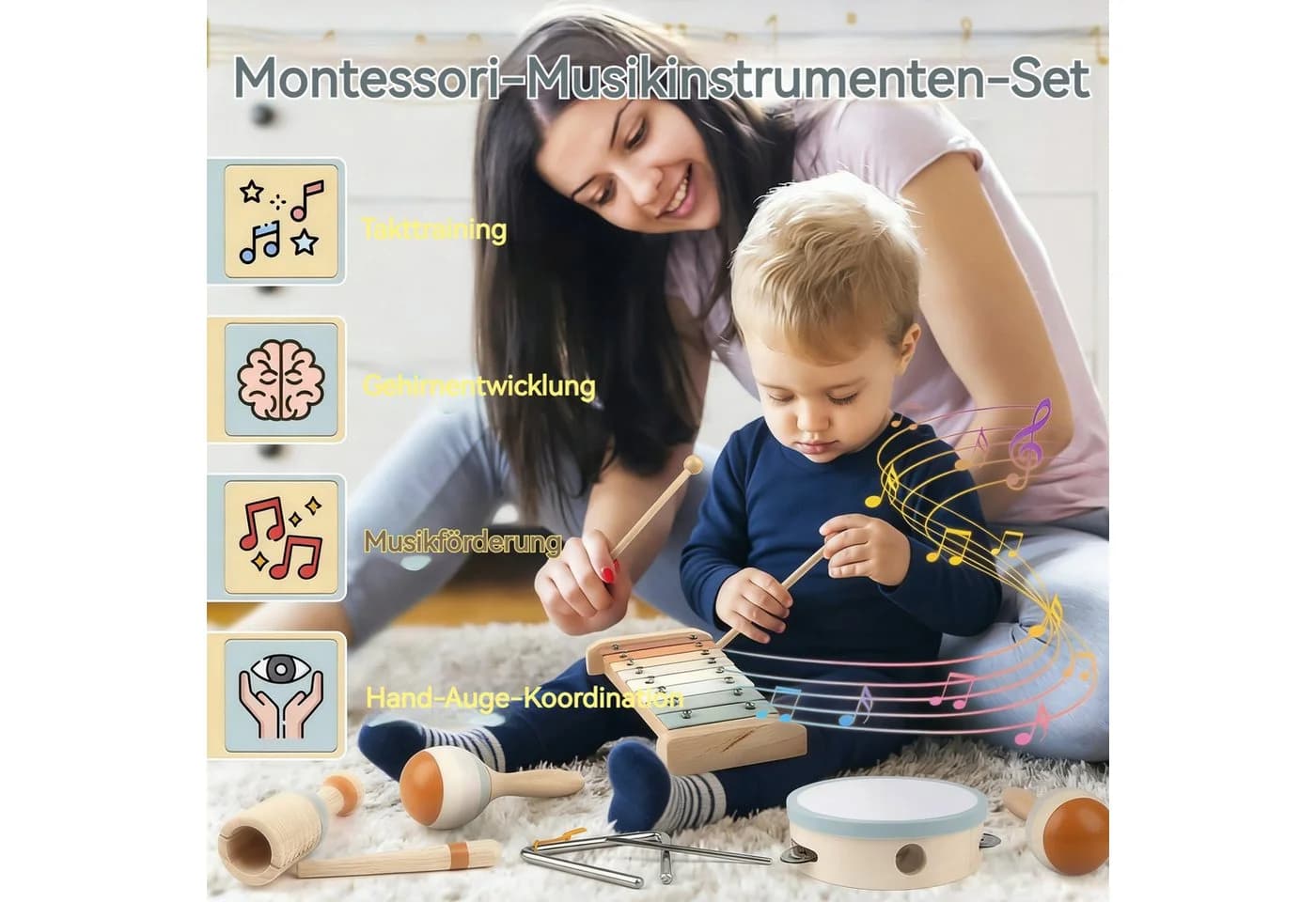 Zaewry Musikinstrumenten-Set 6-tlg. Holzspielzeug ab 3 Jahre