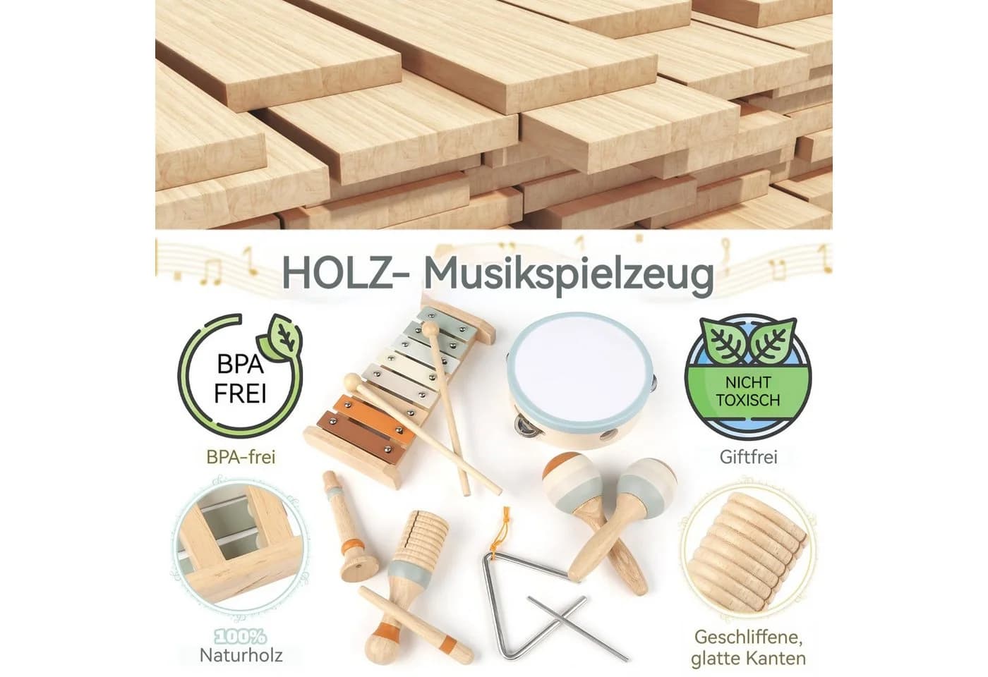 Zaewry Musikinstrumenten-Set 6-tlg. Holzspielzeug ab 3 Jahre - Bild 4