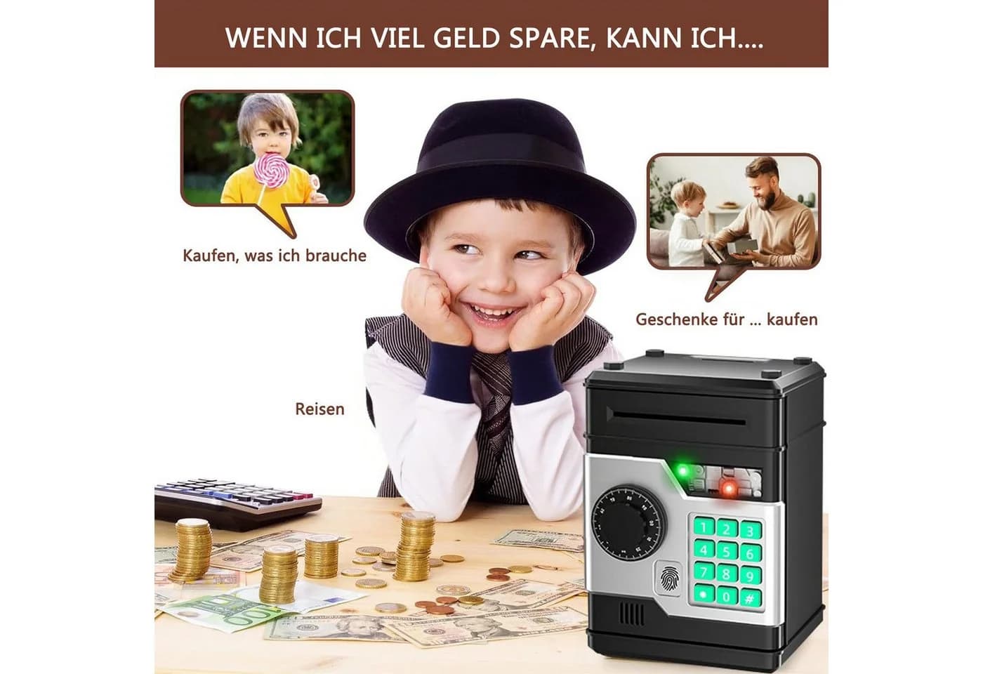 Minicloss Elektronische Spardose mit Fingerabdruck & Passwortschutz Schwarz