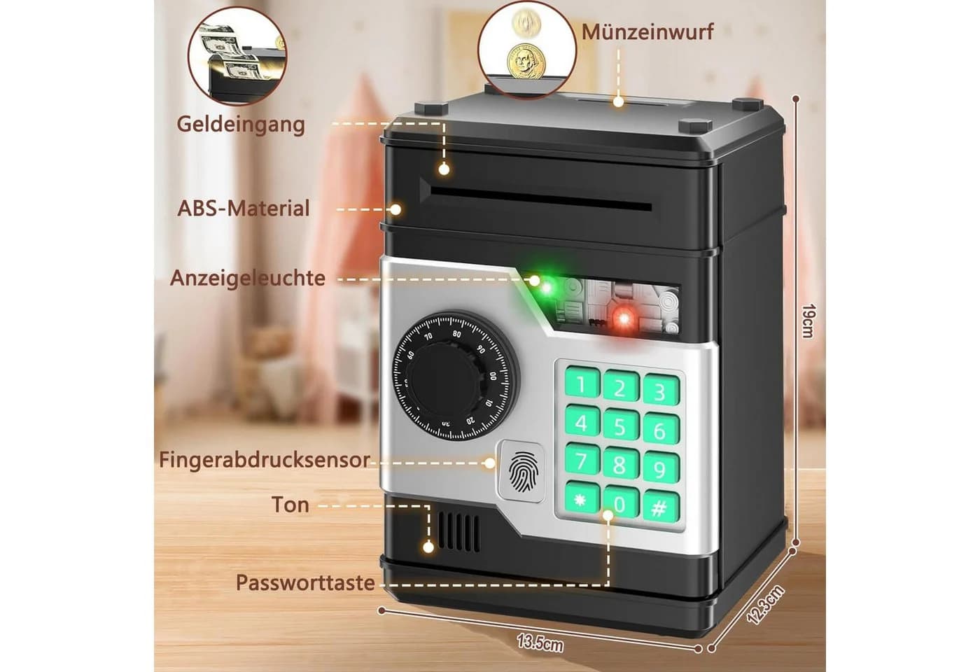 Minicloss Elektronische Spardose mit Fingerabdruck & Passwortschutz Schwarz - Bild 3