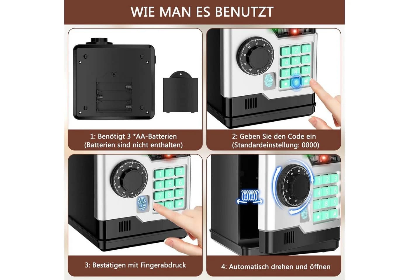 Minicloss Elektronische Spardose mit Fingerabdruck & Passwortschutz Schwarz - Bild 4