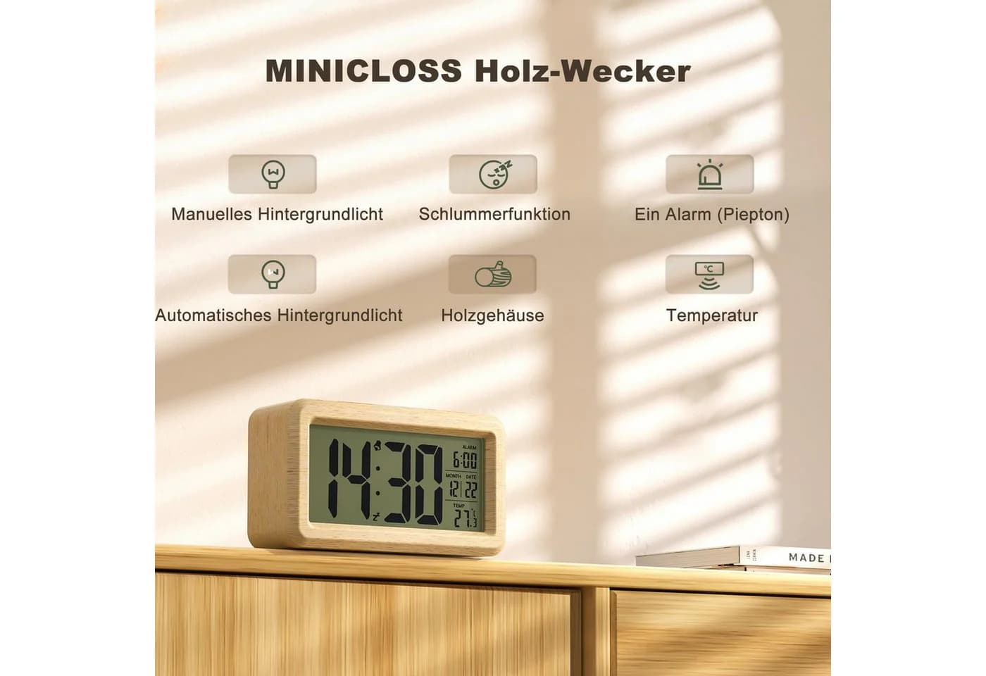 Minicloss Digitalwecker aus Holz mit LCD-Display, Lichtsensor, Snooze