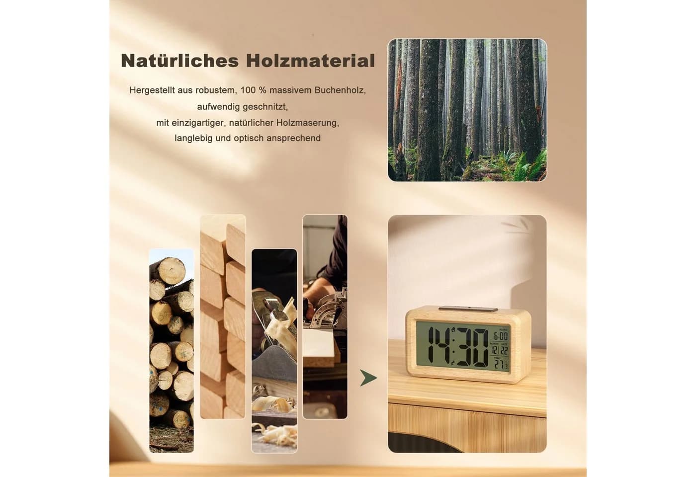 Minicloss Digitalwecker aus Holz mit LCD-Display, Lichtsensor, Snooze - Bild 3
