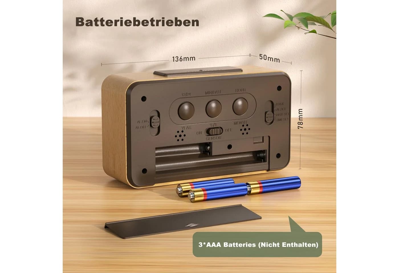 Minicloss Digitalwecker aus Holz mit LCD-Display, Lichtsensor, Snooze - Bild 4