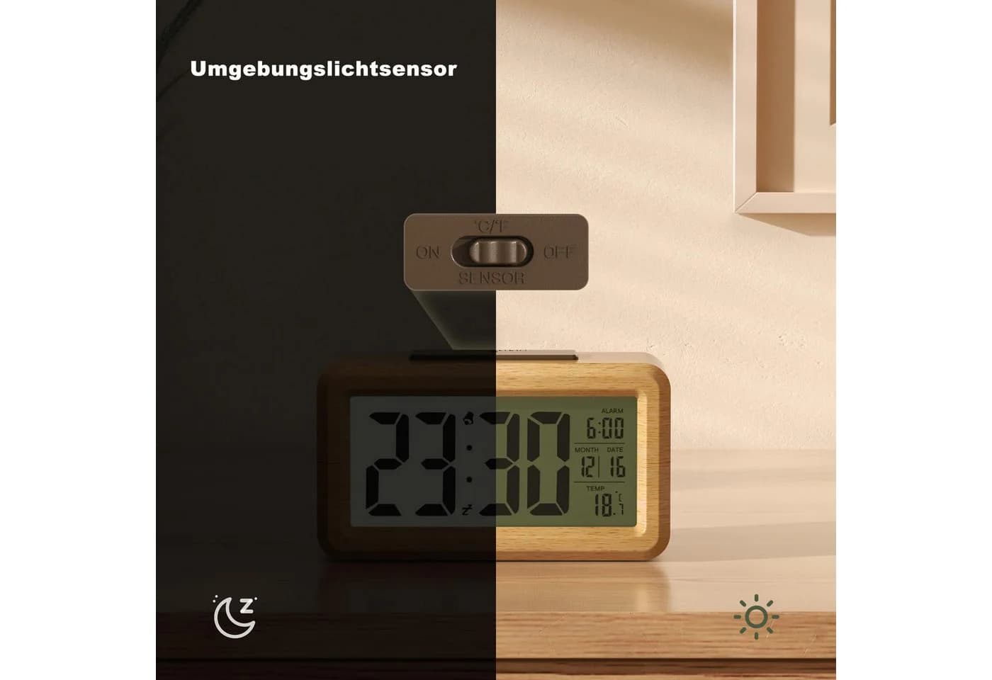 Minicloss Digitalwecker aus Holz mit LCD-Display, Lichtsensor, Snooze - Bild 5