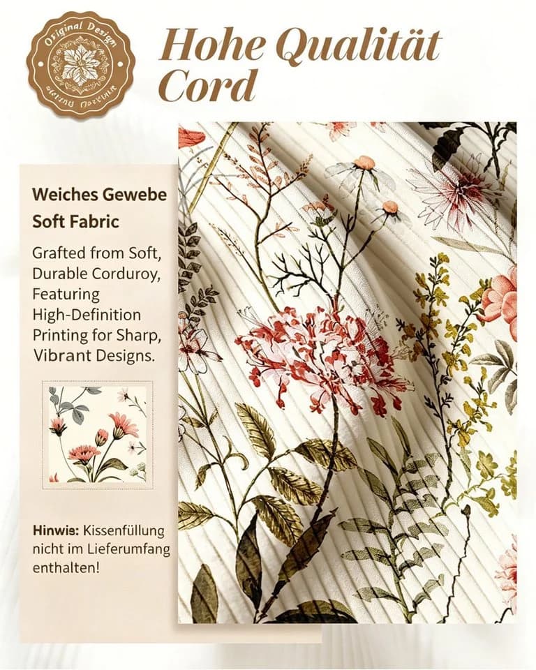 Diwzbyn Cord-Kissenbezug 45x45 cm Blumenmuster Landhausstil
