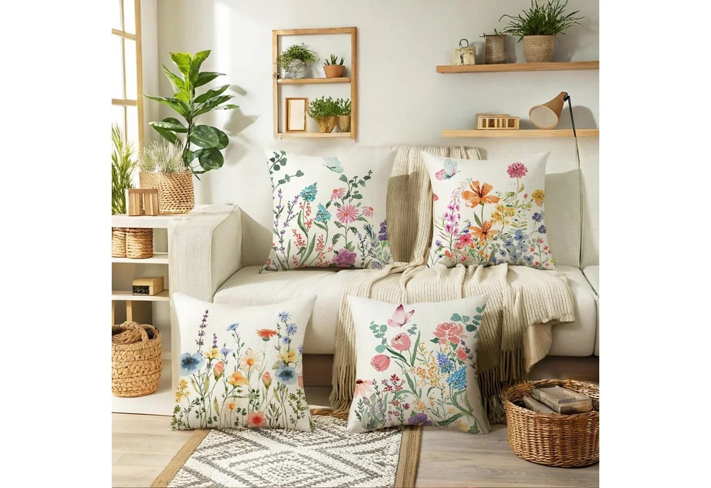 Diwzbyn Kissenbezug 4er Set Blumenmuster Leinenoptik Landhausstil
