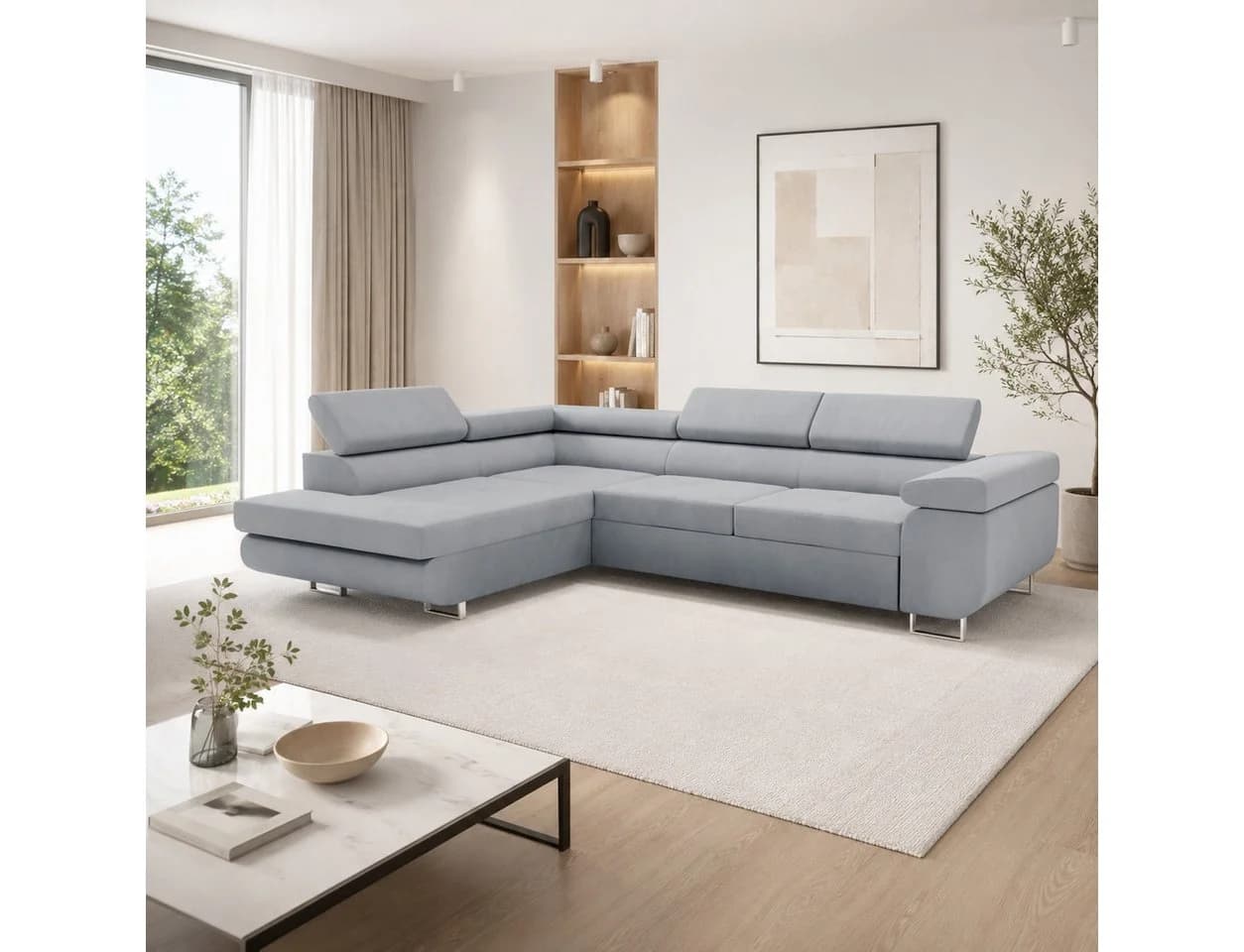 Goldstoff Ecksofa VENUS mit Schlaffunktion & Bettkasten Beige