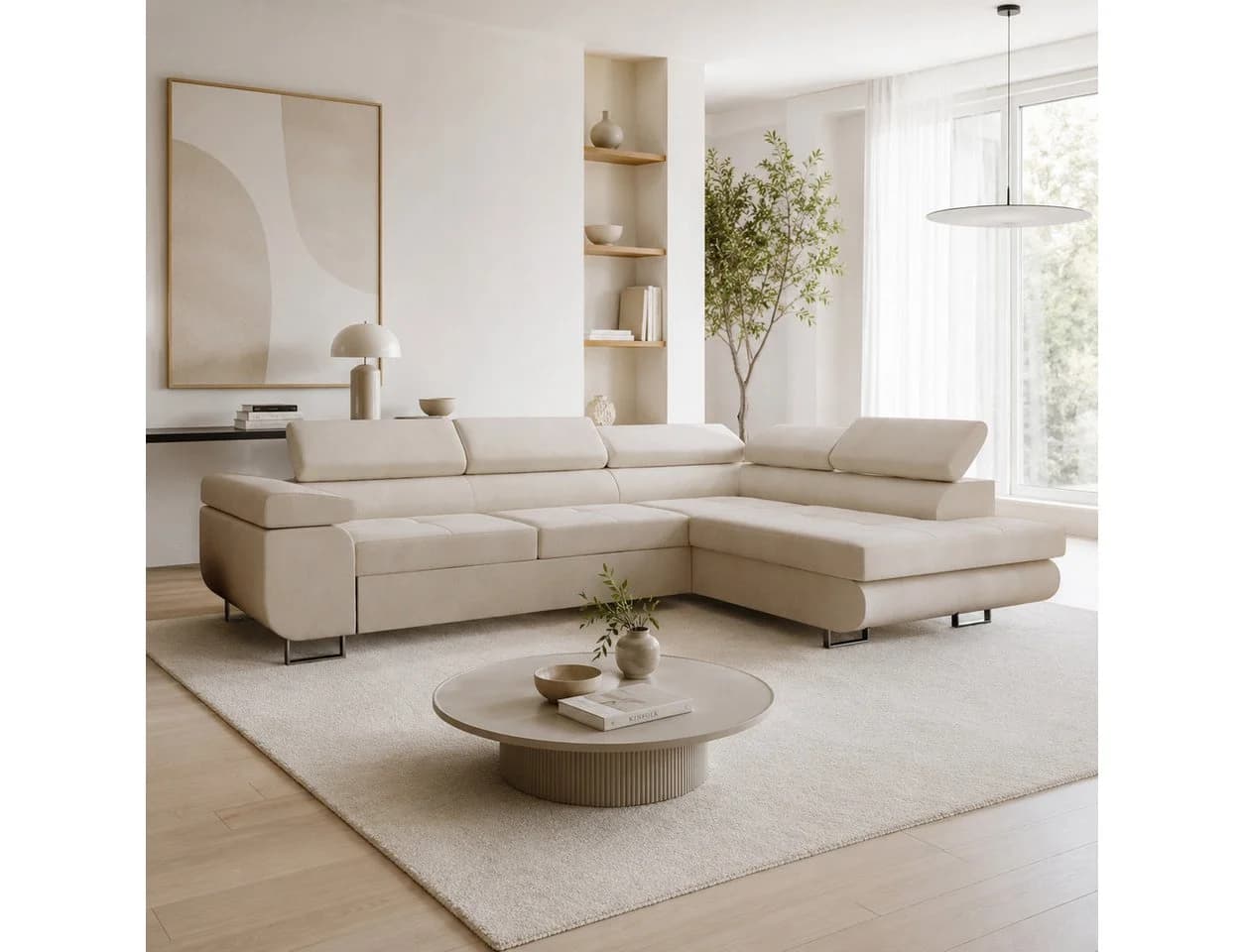 Goldstoff Ecksofa RIVIA mit Schlaffunktion & Bettkasten beige