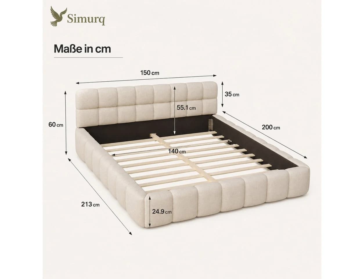 Simurq Polsterbett 140x200 Leinen Beige mit Lattenrost
