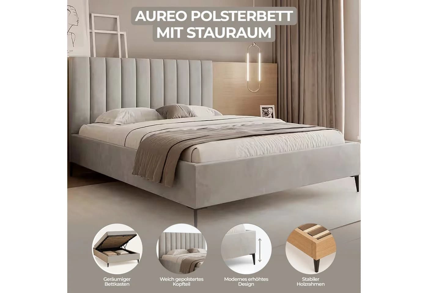 Goldstoff Polsterbett AUREO mit Stauraum und gepolstertem Kopfteil grau