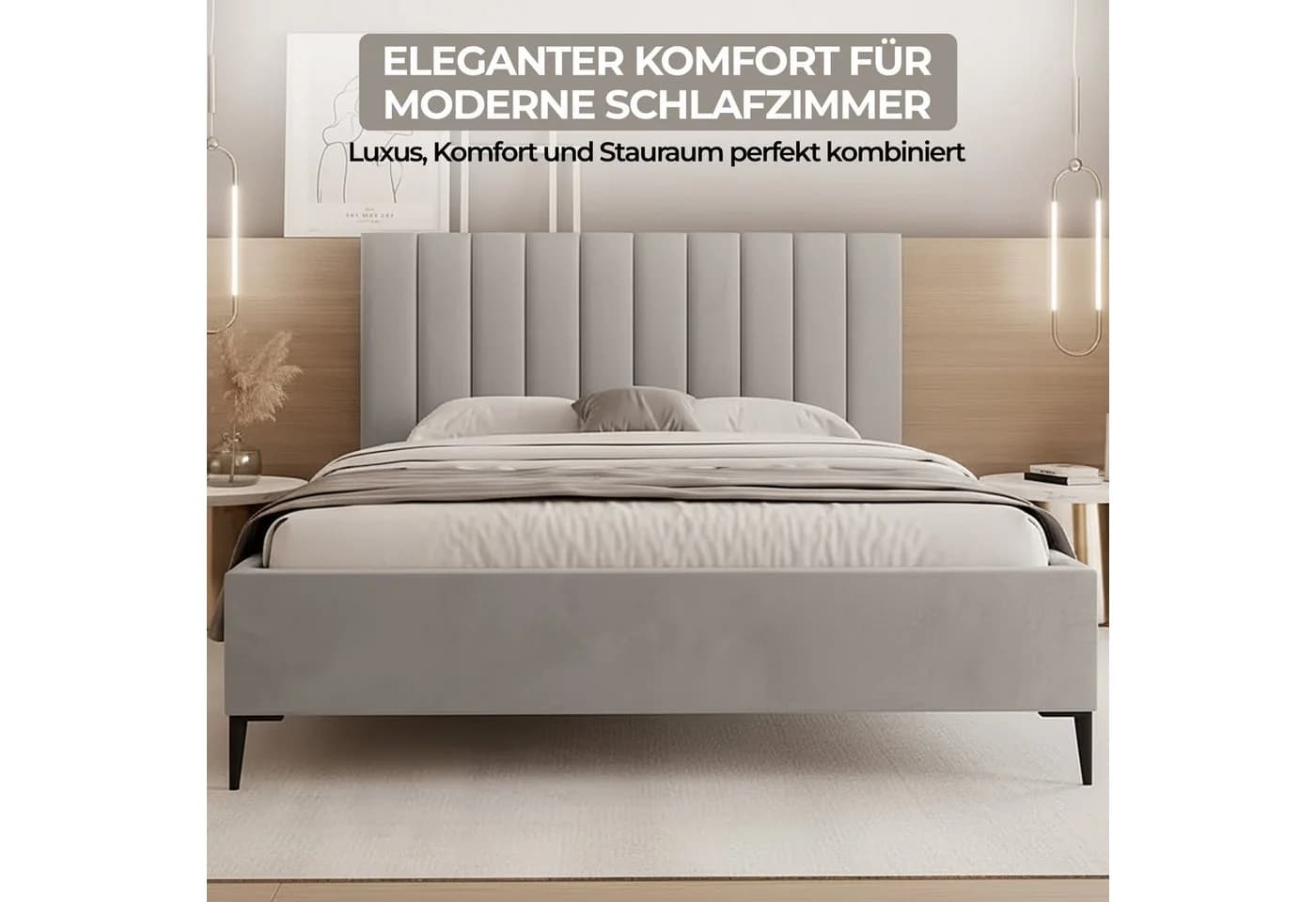 Goldstoff Polsterbett AUREO mit Stauraum und gepolstertem Kopfteil grau - Bild 3