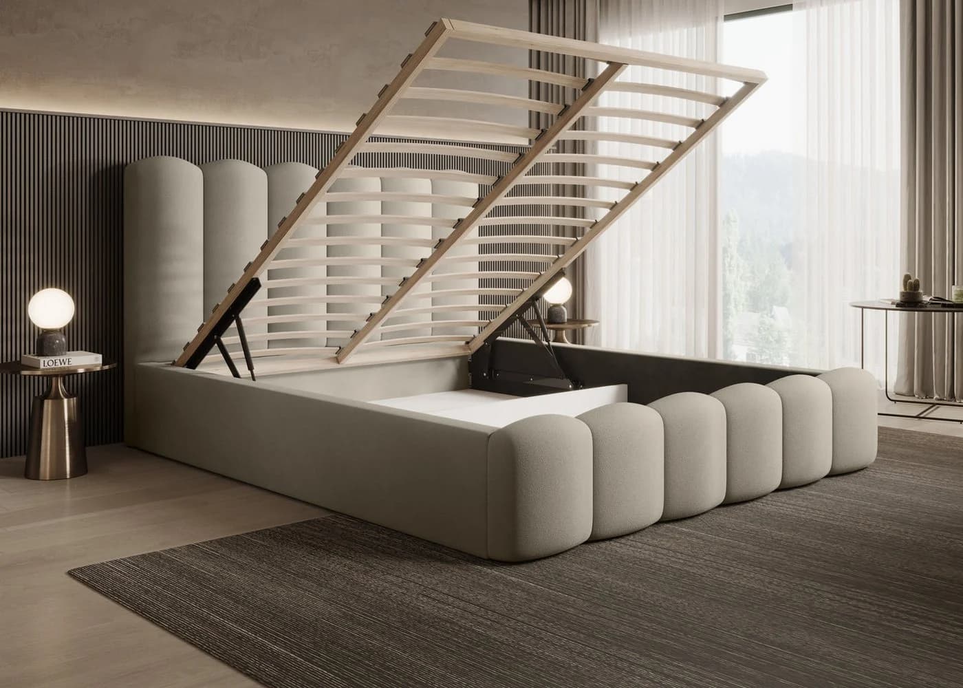 Goldstoff Polsterbett LOFT mit Bettkasten und hohem Kopfteil Beige