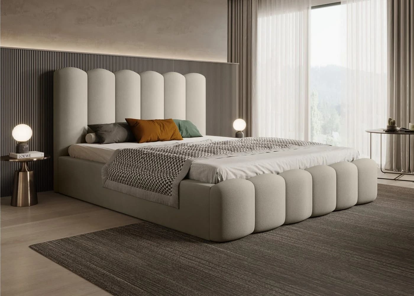 Goldstoff Polsterbett LOFT mit Bettkasten und hohem Kopfteil Beige - Bild 2