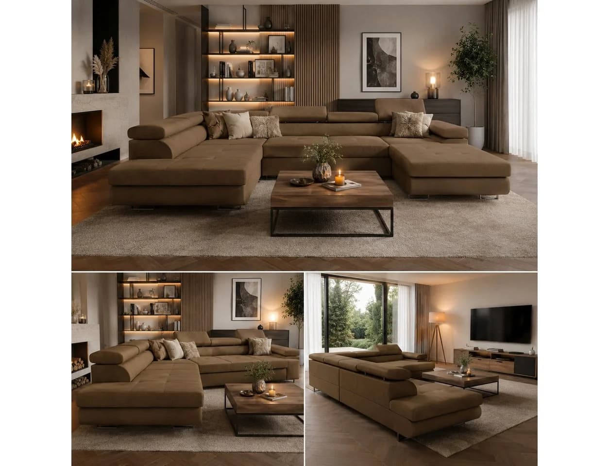 Goldstoff VENUS Ecksofa U-Form mit Schlaffunktion und Bettkästen Braun