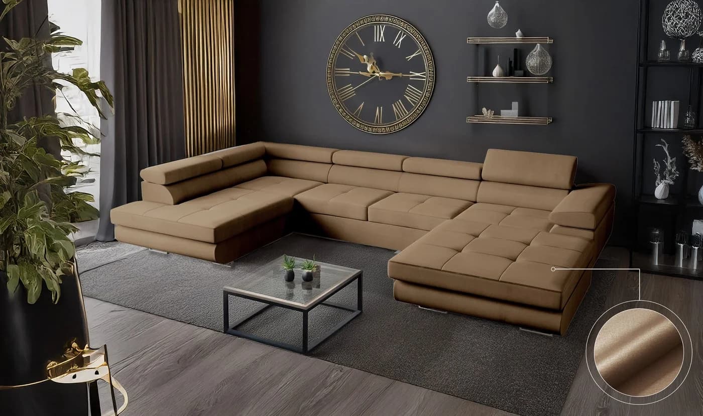 Goldstoff VENUS Ecksofa U-Form mit Schlaffunktion und Bettkästen Braun - Bild 2