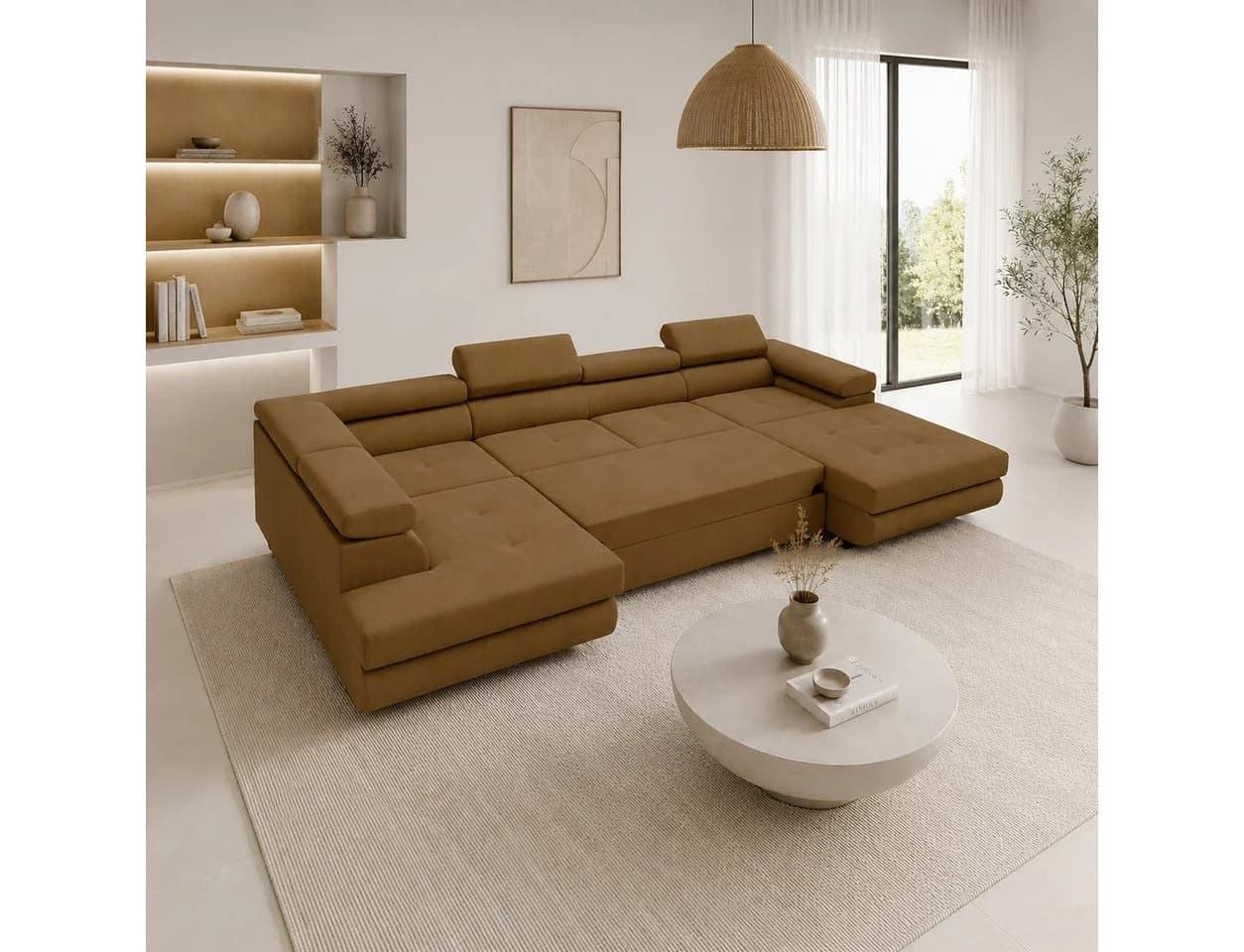 Goldstoff VENUS Ecksofa U-Form mit Schlaffunktion und Bettkästen Braun - Bild 3