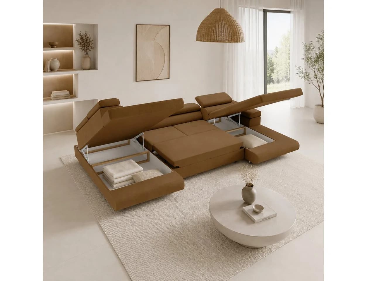 Goldstoff VENUS Ecksofa U-Form mit Schlaffunktion und Bettkästen Braun - Bild 4