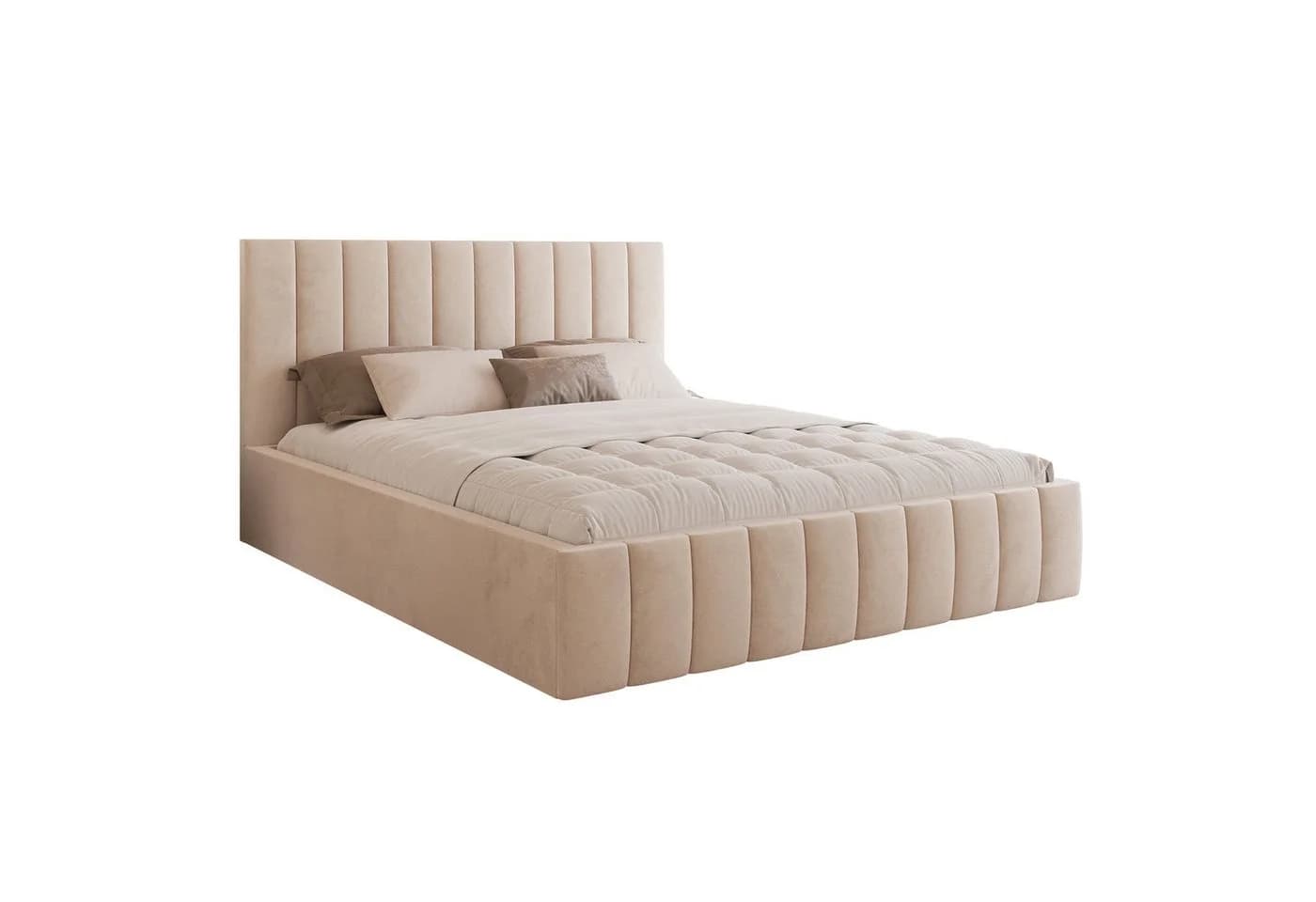 Goldstoff Polsterbett ELVANO mit Stauraum und hohem Kopfteil Beige