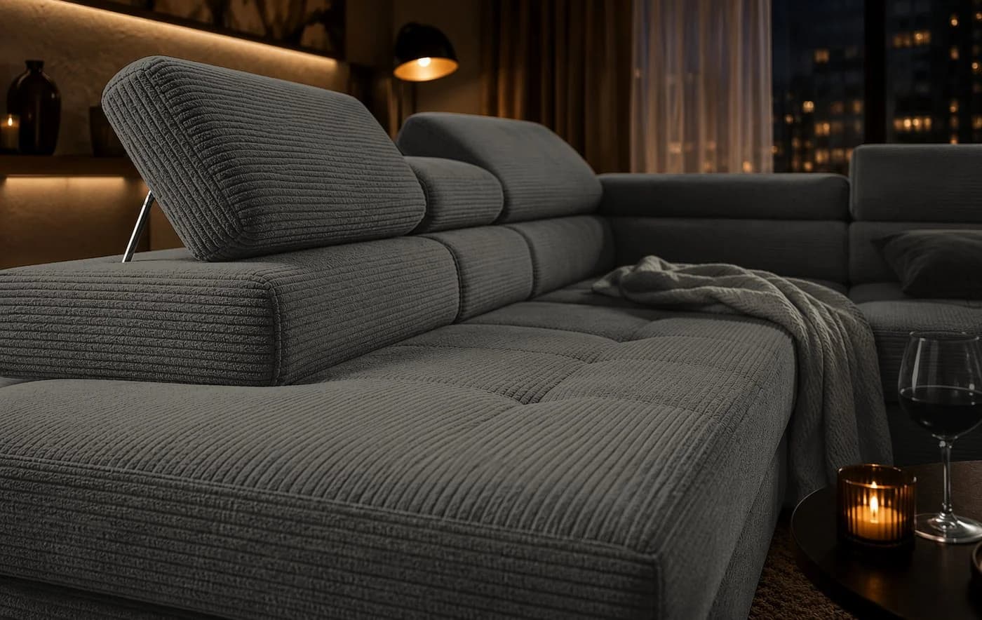 Goldstoff Ecksofa Voyage L-Form mit Schlaffunktion und Bettkasten Cord Coffee - Bild 3