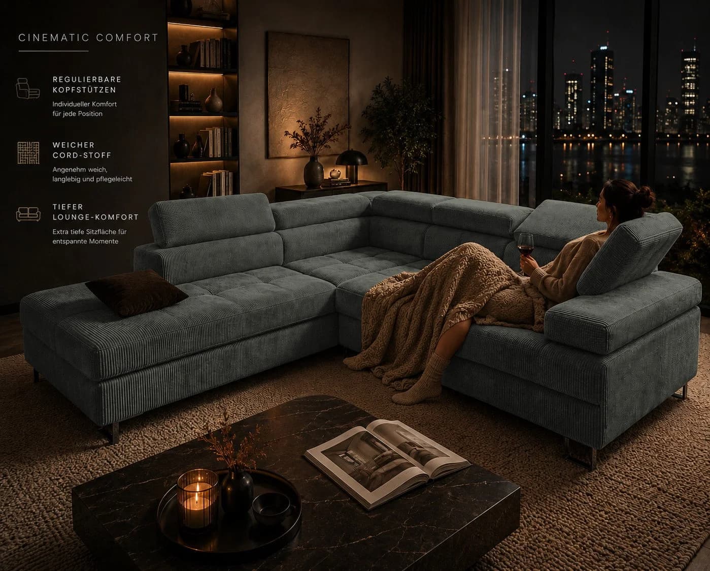 Goldstoff Ecksofa Voyage L-Form mit Schlaffunktion und Bettkasten Cord Coffee - Bild 4