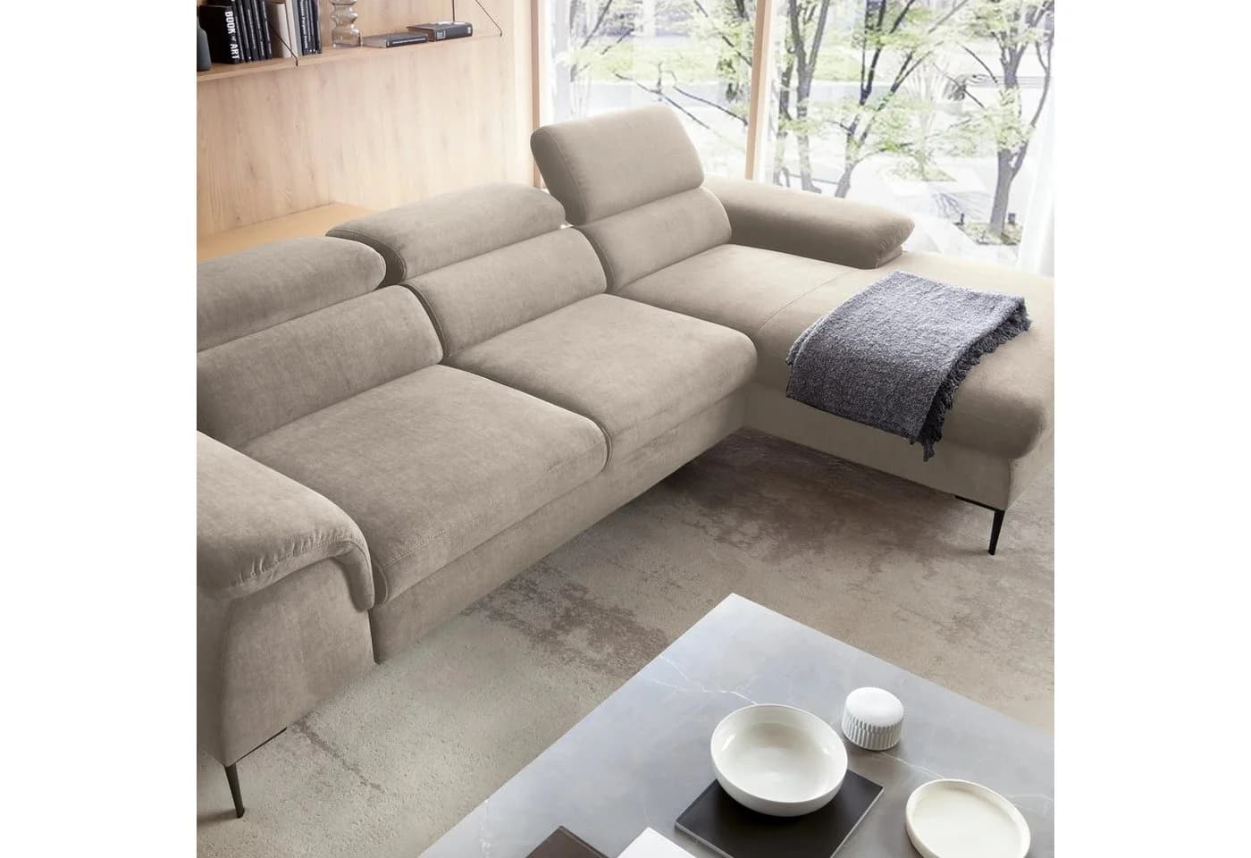 Goldstoff Schlafsofa LARGO Ecksofa mit Schlaffunktion und Stauraum beige