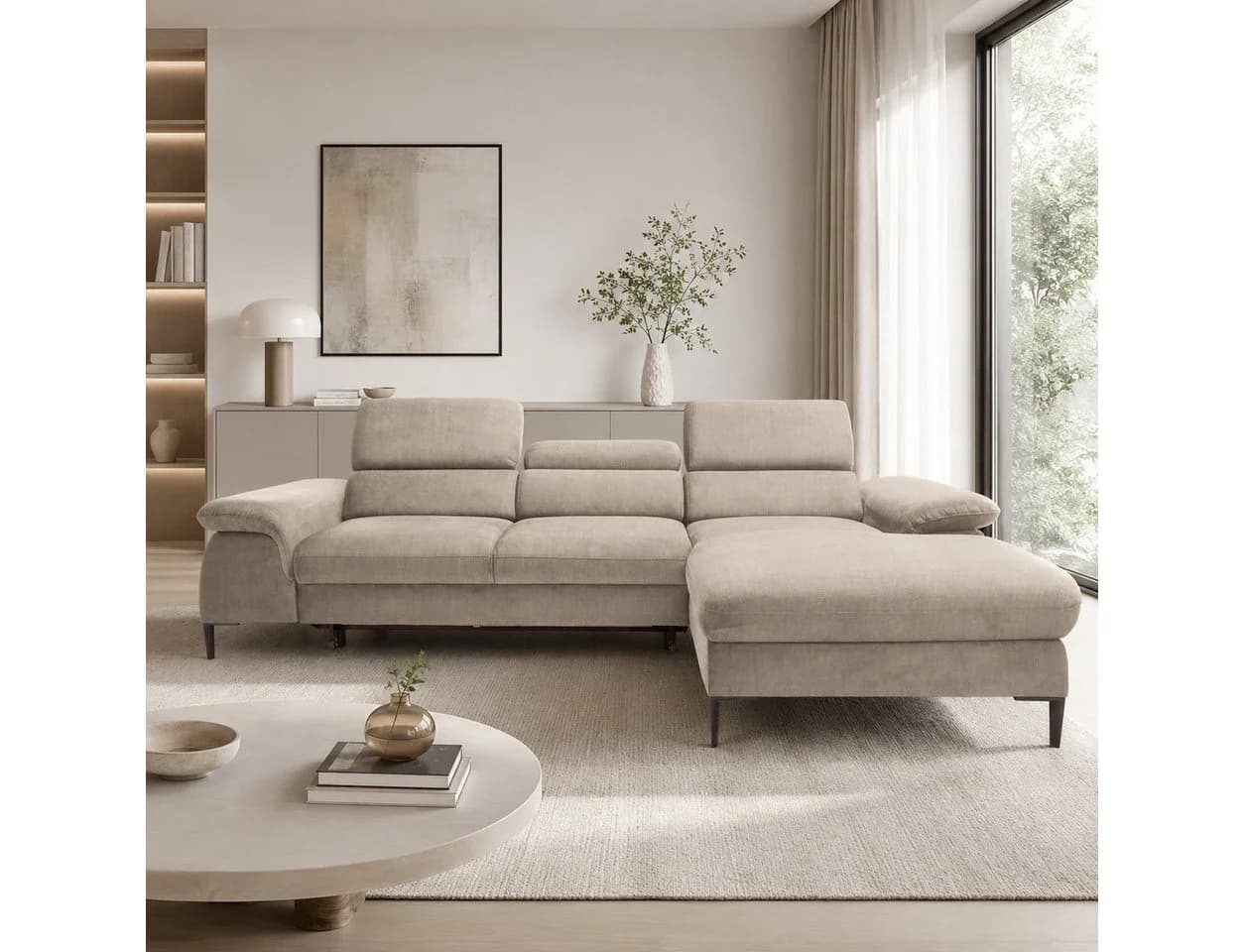 Goldstoff Schlafsofa LARGO Ecksofa mit Schlaffunktion und Stauraum beige - Bild 2