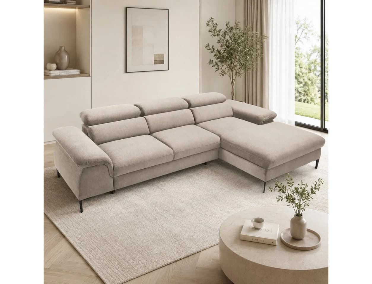 Goldstoff Schlafsofa LARGO Ecksofa mit Schlaffunktion und Stauraum beige - Bild 4
