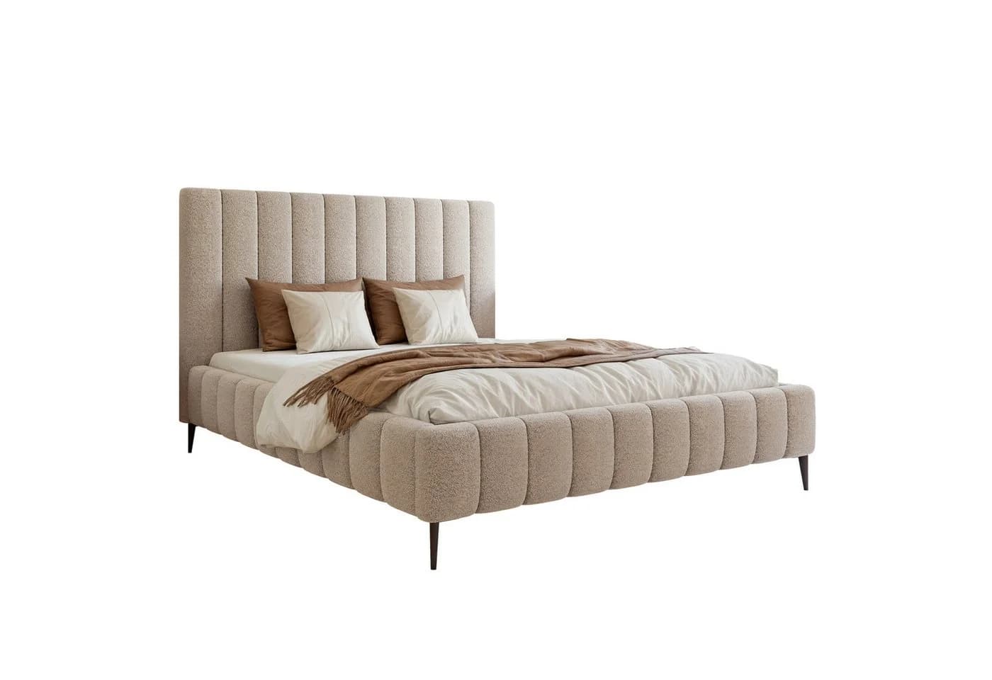 Goldstoff Polsterbett MAGNUS Beige mit hohem Kopfteil und Stauraum