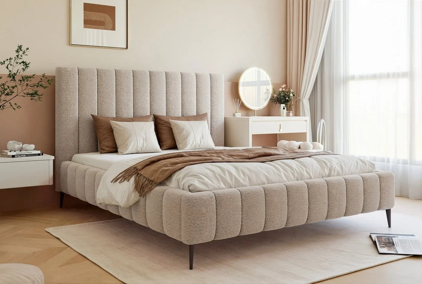 Goldstoff Polsterbett MAGNUS Beige mit hohem Kopfteil und Stauraum - Bild 2