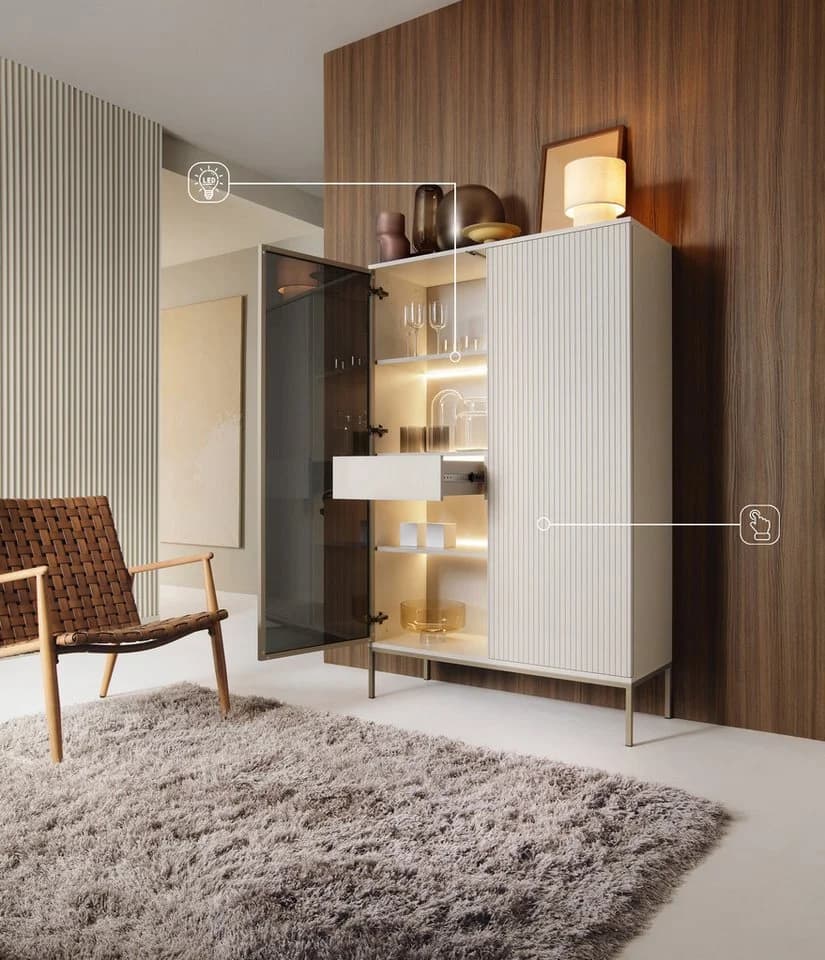 Goldstoff Vitrine LED mit Glasfront und Schubladen kaschmir gold