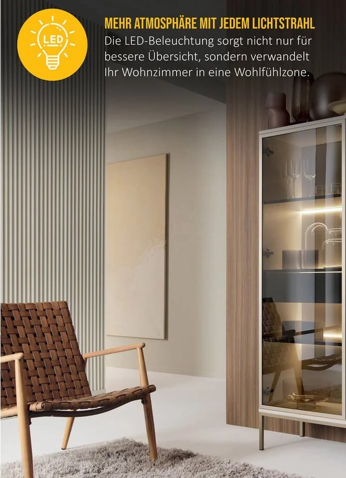 Goldstoff Vitrine LED mit Glasfront und Schubladen kaschmir gold - Bild 3