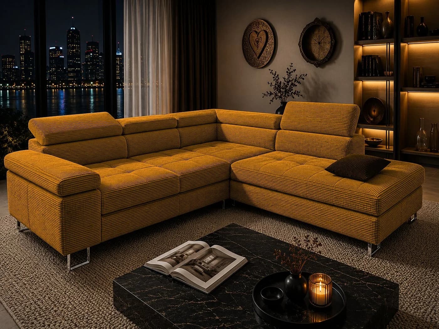Goldstoff Cord Ecksofa mit Schlaffunktion und Bettkasten - Coffee - Bild 2