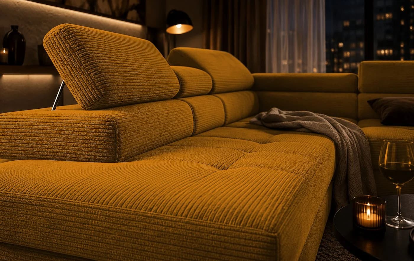 Goldstoff Cord Ecksofa mit Schlaffunktion und Bettkasten - Coffee - Bild 3