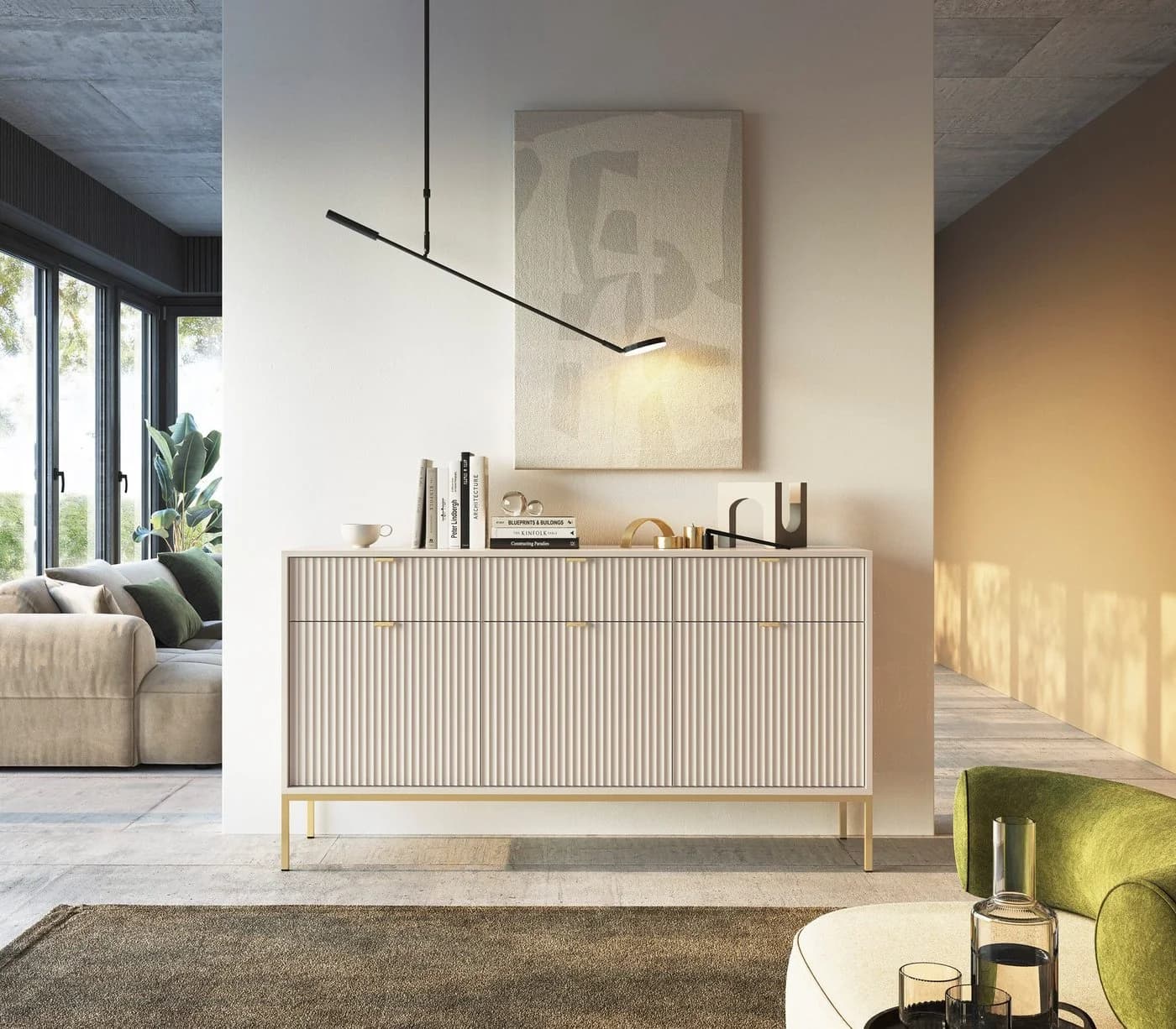Goldstoff Kommode Milano 154 cm mit geriffelter Front und Metallrahmen - Bild 2