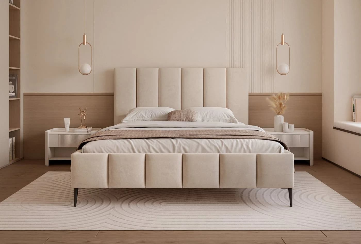 Goldstoff Polsterbett REGALIS mit Bettkasten und hohem Kopfteil Beige