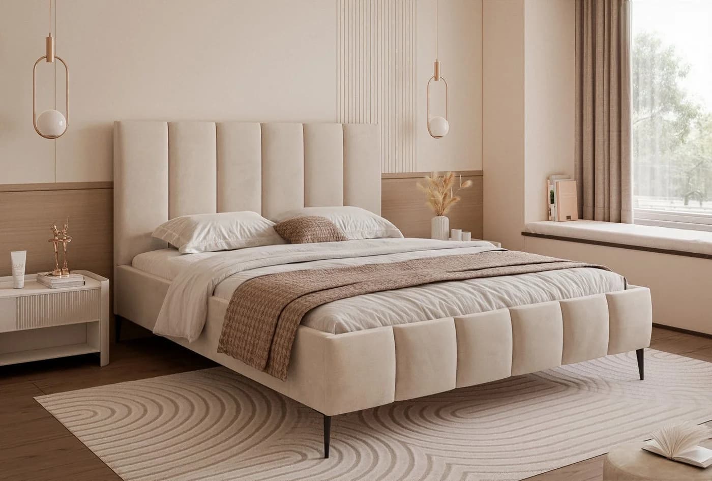 Goldstoff Polsterbett REGALIS mit Bettkasten und hohem Kopfteil Beige - Bild 2