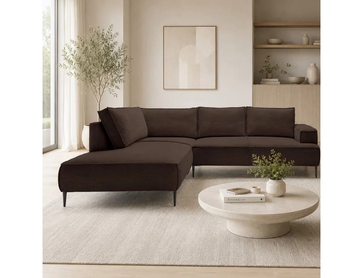 Goldstoff Ecksofa VESPA L Beige Cord mit Recamiere