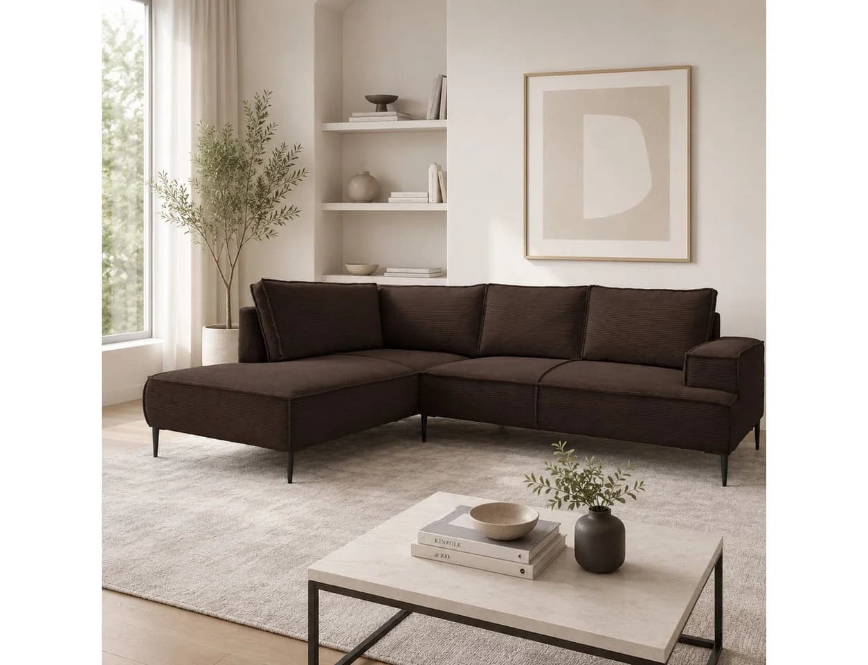 Goldstoff Ecksofa VESPA L Beige Cord mit Recamiere - Bild 3