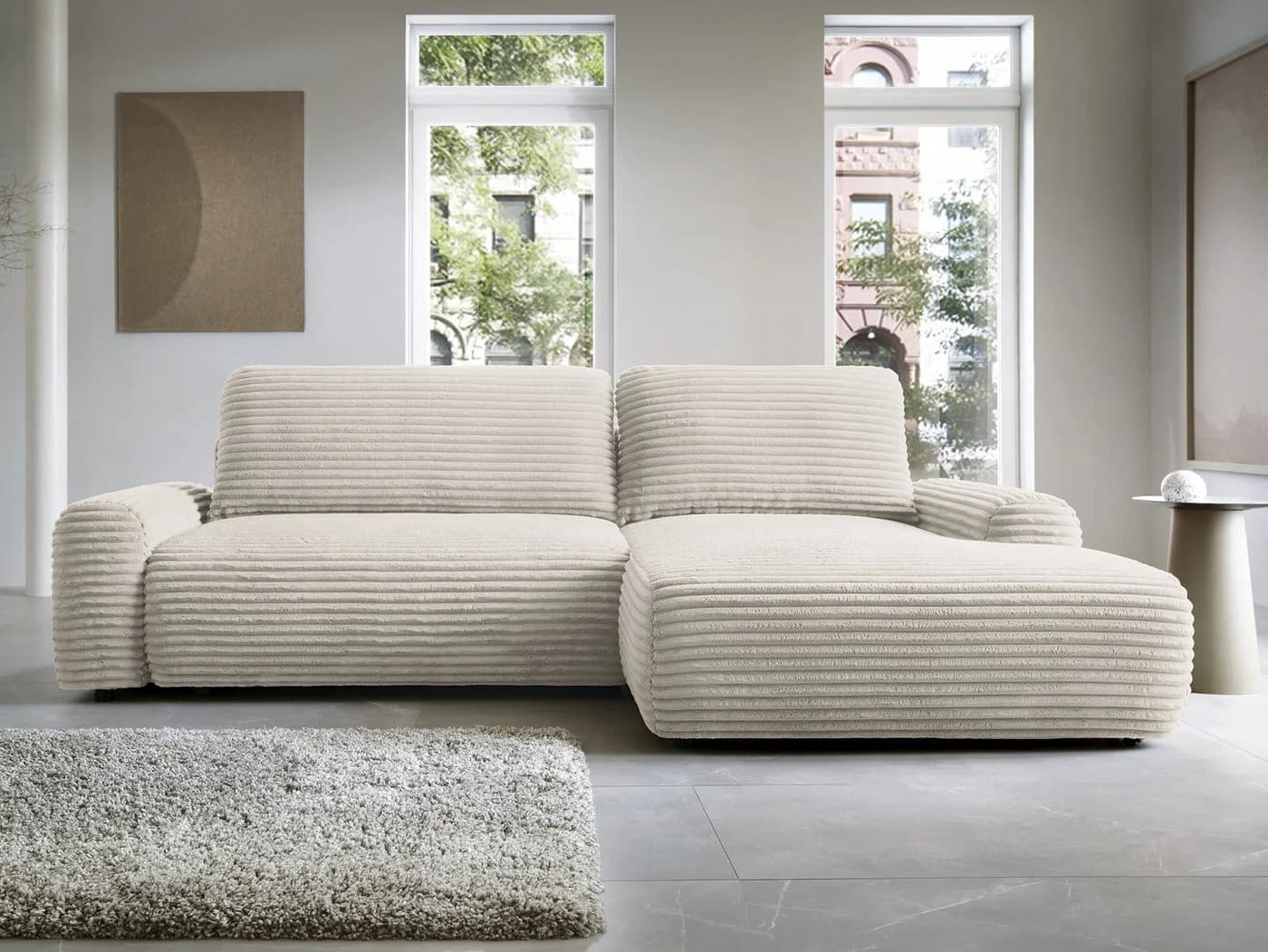 Goldstoff Ecksofa MOUNIR L-Form mit Schlaffunktion und Bettkasten Cord beige - Bild 2
