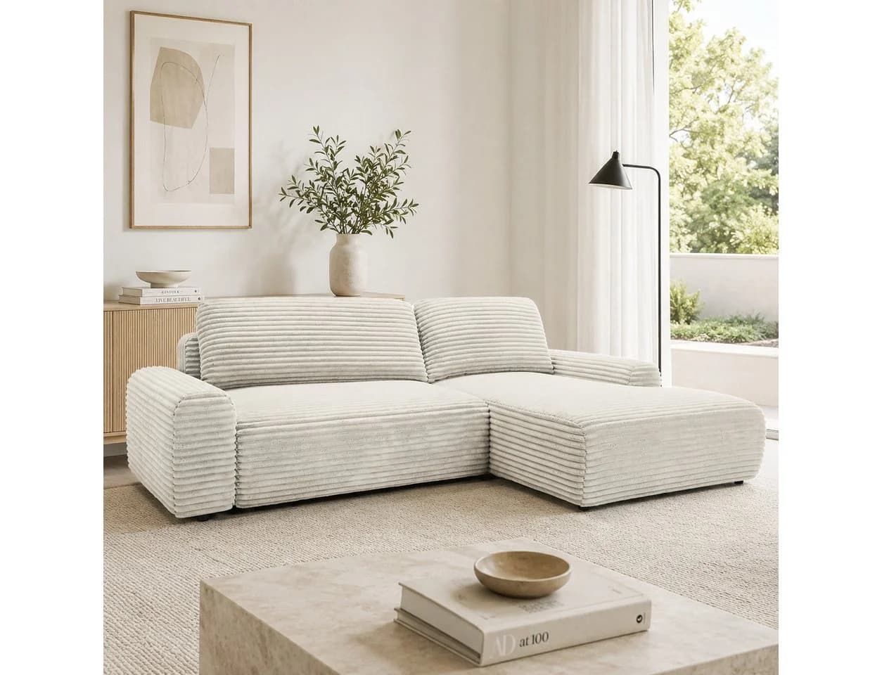 Goldstoff Ecksofa MOUNIR L-Form mit Schlaffunktion und Bettkasten Cord beige - Bild 3